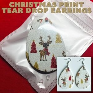 CHRISTMAS Print TEAR DROP EARRINGS with Reindeer